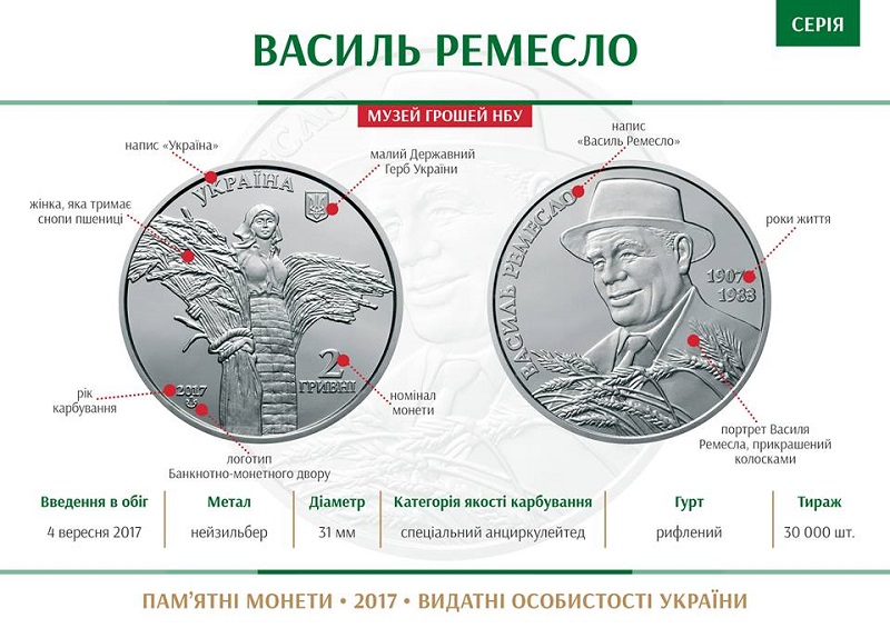 НБУ выпустил памятную монету из нейзильбера "Василь Ремесло"