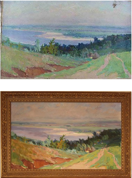 Сверху оригинал, снизу копия картины Николая Глущенка "Село у реки", 1951