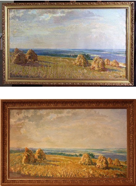 Сверху оригинал, снизу копия картины Николая Глущенка "Днепровские дали", 1937
