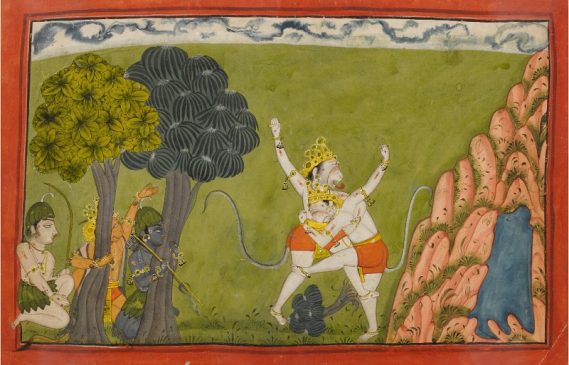 Иллюстрация к Рамаяне - первая битва между Сугривой и его братом Бали, Индия, Нурпура или Манкот, около 1710-20 гг