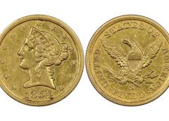 5 долларов 1854 года с изображением Свободы, (Liberty Head Half Eagle). Отчеканена в Сан-Франциско, тираж - 268 штук.