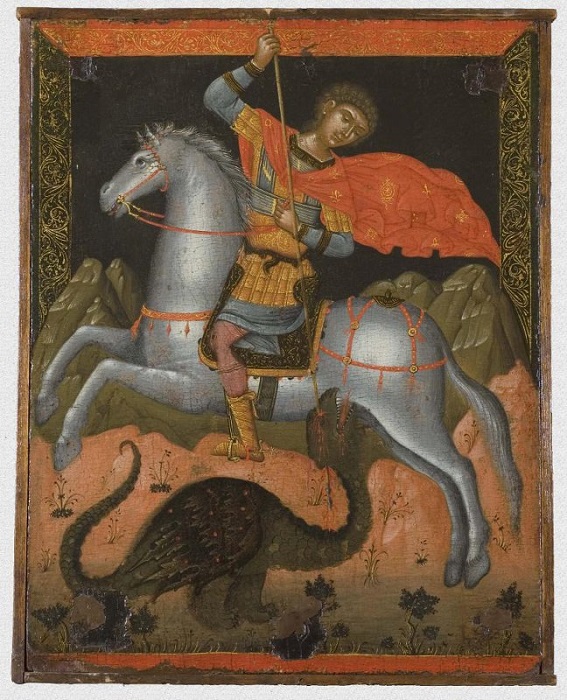 Икона "Святой Георгий, побеждающий дракона". Западная Европа, Греция, Крит, около 1600 г., 52х41 см, дерево, левкас, темпера.