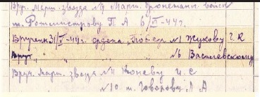 Бухгалтерские записи, подтверждающие вручение Г.К. Жукову ордена «Победа» № I 31 мая 1944 г. и одновременное вручение А.М. Василевскому ордена «Победа» № VI.