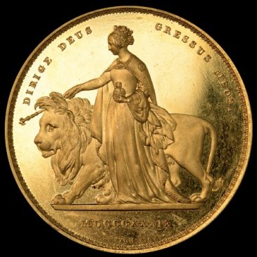 5 фунтов 1839 года Una And The Lion ("Уна и лев"). Героиня поэмы «Королева фей» Эдмунда Спенсера Уна символизирует королеву Викторию (1819-1901), а лев — народ Великобритании.