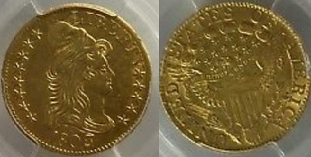 5 долларов США 1803/2 года с изображением Свободы в тюрбане (Turban Head Gold $5 Half Eagle) 1795 по 1807 годы. Вес — 8,75 г 92% золота, диаметр - 25 мм. Тираж 33 506 штук.