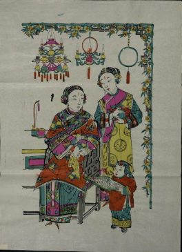 Лубочная картина с изображением богатой женщины, служанки и мальчика с шахматами. Китай. Бумага, размер 54 х 39 см.