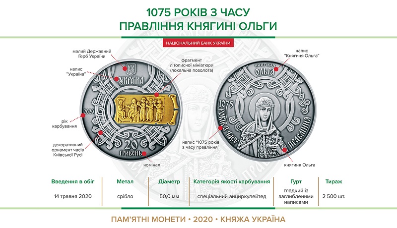НБУ выпустил памятную монету из серебра номиналом 20 гривен « 1075 років з часу правління княгині Ольги»