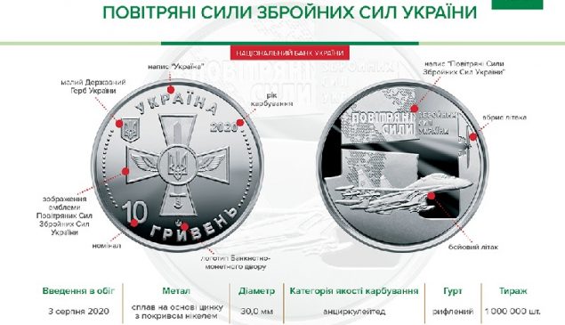 НБУ выпустил монету из цинкового сплава номиналом 10 гривен "Повітряні Сили Збройних Сил України"